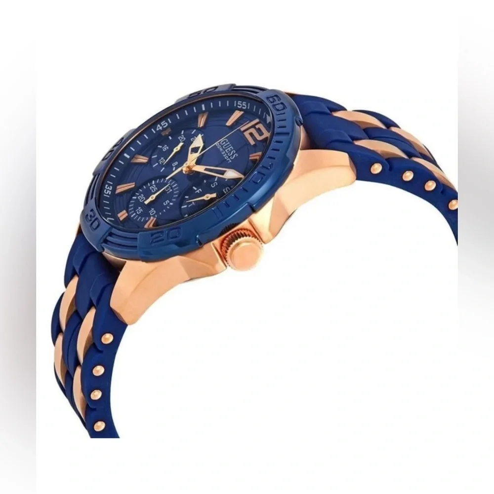 Guess Rose Gold Stainless Steel Blue Silicone Strap‎ Men Watch W0366G4